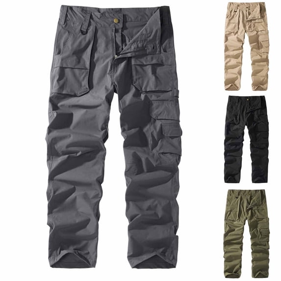 Men's Casual Cargo Pants Multi-Pocket Outdoor Sports Trousers, Elastic Waist Straight Leg Lightweight Breathable, Hiking Work Travel Everyday | AKLJWH,Khaki S