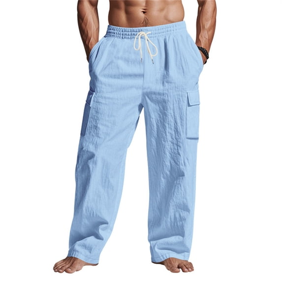 Men's Casual Cargo Pants Relaxed Fit Elastic Waist Drawstring Side Cargo Pockets Trouser Lightweight Work Pants Light Blue L