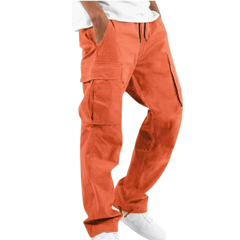 Men's Casual Cargo Pants Solid Comfy Hiking Pants with Multi-pocket  Drawstring Workout Jogger Pants Streetwear Outdoor(L,Orange)