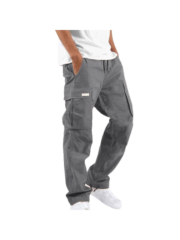 Men's Casual Cargo Pants Stretch Elastic Waist Drawstring Tapered Pants with Pockets Hiking Walking Black Cargo Trousers Combat Work Trousers Men Casual Waterproof Long Pants Sale