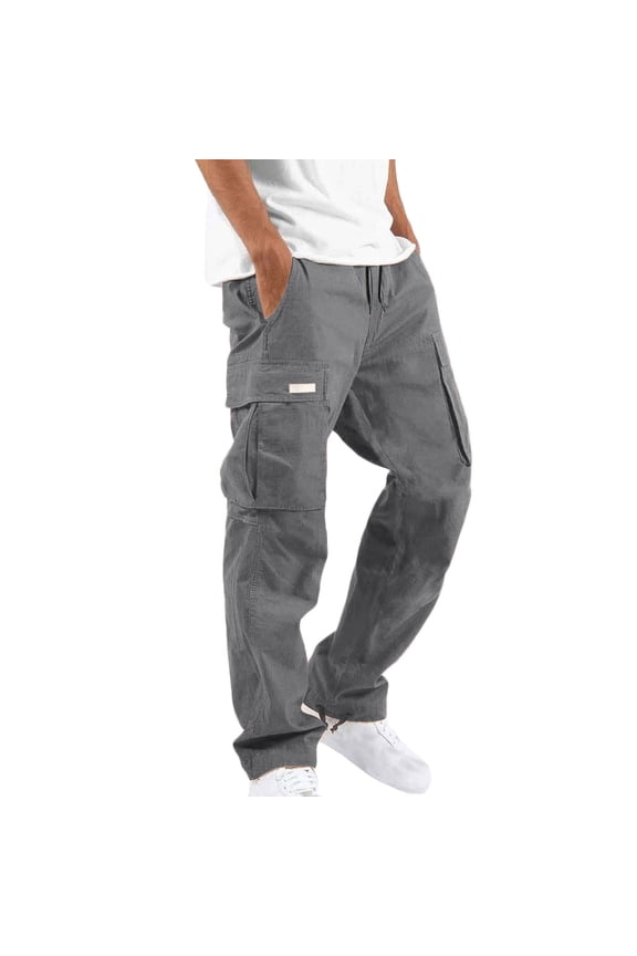 Men's Casual Cargo Pants Stretch Elastic Waist Drawstring Tapered Pants with Pockets Hiking Walking Black Cargo Trousers Combat Work Trousers Men Casual Waterproof Long Pants Sale