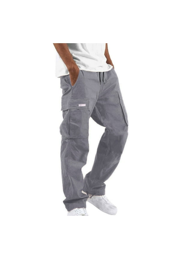 Men's Casual Cargo Pants Stretch Elastic Waist Drawstring Tapered Pants with Pockets Hiking Walking Black Cargo Trousers Combat Work Trousers Men Casual Waterproof Long Pants