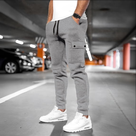Men's Casual Cargo Pants Workout Joggers Stretch Sweatpants Lounge Athletic Pants Drawstring Pants with Pockets Light Gray 3XL