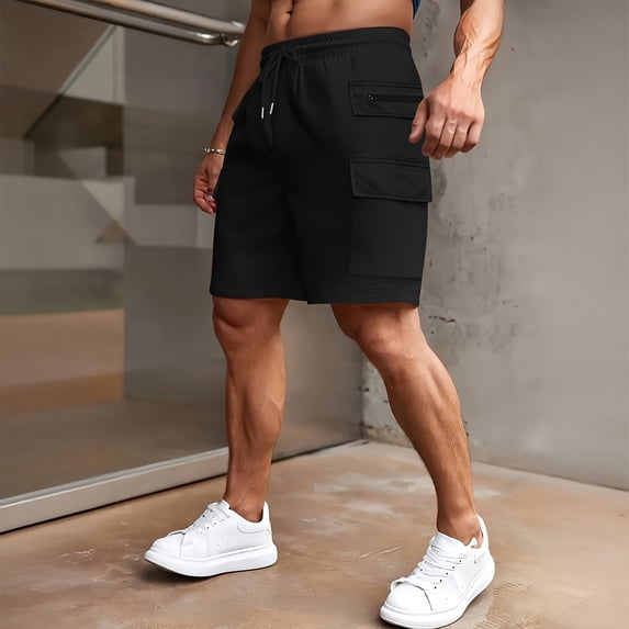 Men's Casual Cargo Shorts Classic Drawstring Elastic Waist Relaxed Fit Work Short with Multi Pockets Black M