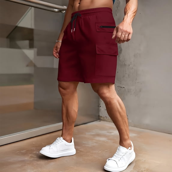 Men's Casual Cargo Shorts Classic Drawstring Elastic Waist Relaxed Fit Work Short with Multi Pockets Deep Red XL