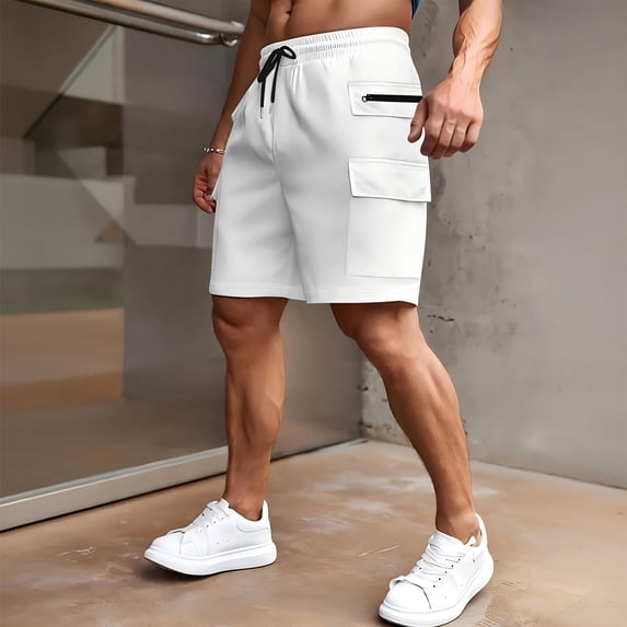 Men's Casual Cargo Shorts Classic Drawstring Elastic Waist Relaxed Fit Work Short with Multi Pockets White L