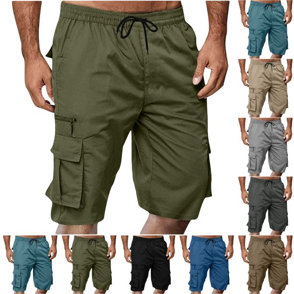 Men's Casual Cargo Shorts, Solid Color Multi-Pocket Drawstring Elastic Waist Outdoor Short Pants Daily Outdoor Beach Lightweight And Breathable Work Shorts, M-3XL