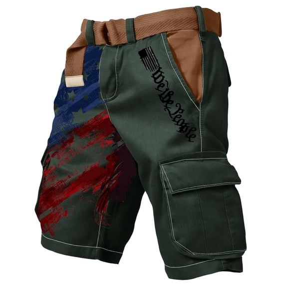 Men's Casual Cargo Shorts, We The People USA Flag Design Multi-Pocket Work Shorts, Summer Daily Wear Trousers Green M