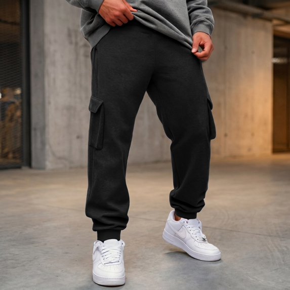 Men's Casual Cargo Sweatpants Fleece Lined Drawstring Elastic Waist pants Lightweight Workout Joggers Athletic Pants with Multi Pockets Black M