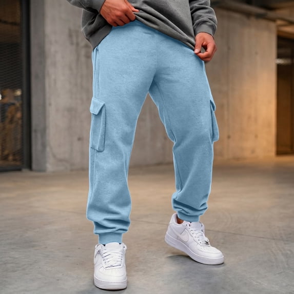 Men's Casual Cargo Sweatpants Fleece Lined Drawstring Elastic Waist pants Lightweight Workout Joggers Athletic Pants with Multi Pockets Light Blue M