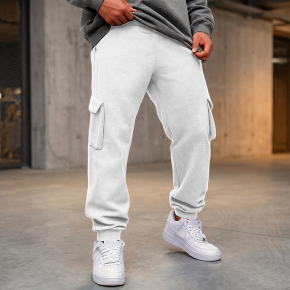 Men's Casual Cargo Sweatpants Fleece Lined Drawstring Elastic Waist pants Lightweight Workout Joggers Athletic Pants with Multi Pockets White M