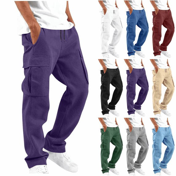 Men's Casual Cargo Sweatpants Solid Color Multi Pockets Workout Joggers Loose Straight Hiking Drawstring Athletic Pants