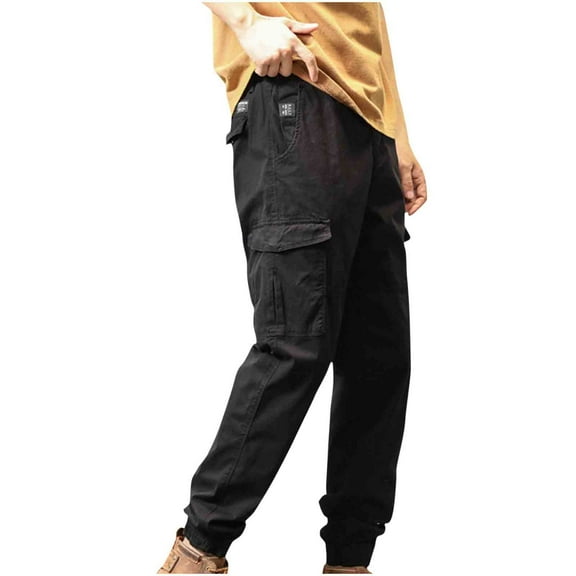 Men's Casual Cargo Sweatpants Waist Drawstring Joggers Men's Fashion Casual Solid Color Cargo Zipper Pockets Elastic Waist Full Length Pants Ndbuld Black,XL