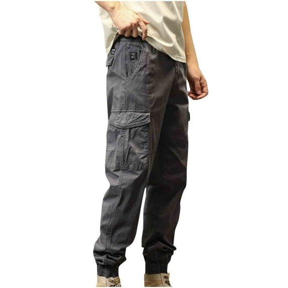 Men's Casual Cargo Sweatpants Waist Drawstring Joggers Men's Fashion Casual Solid Color Cargo Zipper Pockets Elastic Waist Full Length Pants Ndbuld Sales Today Clearance,Gray,L