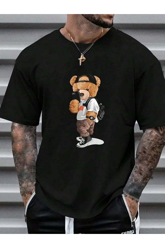 Men's Casual Cartoon Bear Print Short Sleeve Crew Neck T-Shirt, Suitable For Commuting, Summer