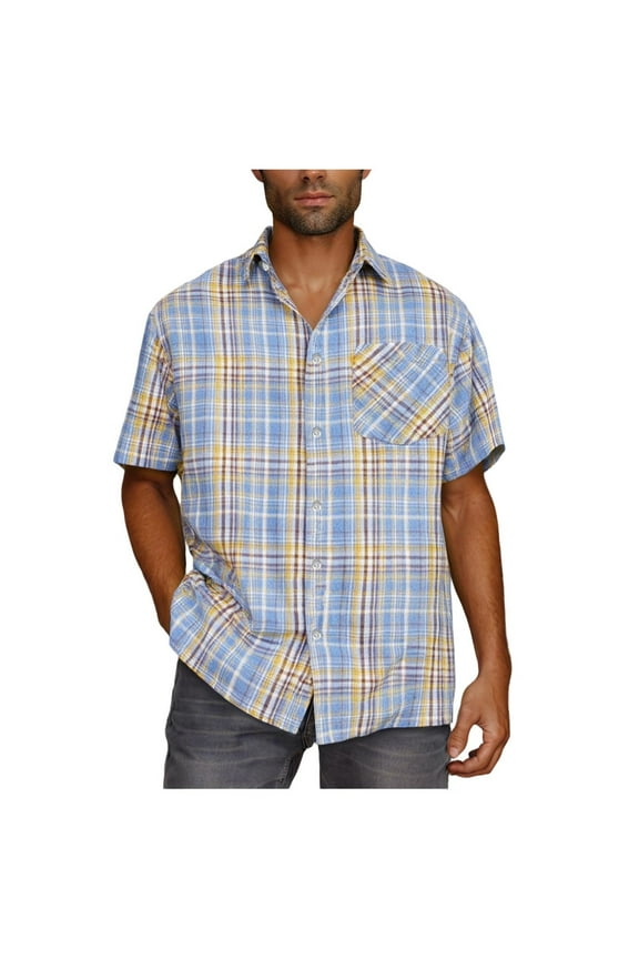 Men's Casual Check Button Down Lapel Short Sleeve Shirt Tops for Men Business Casual Office Work Daily Fashion Essential | AESTIVO,Blue L