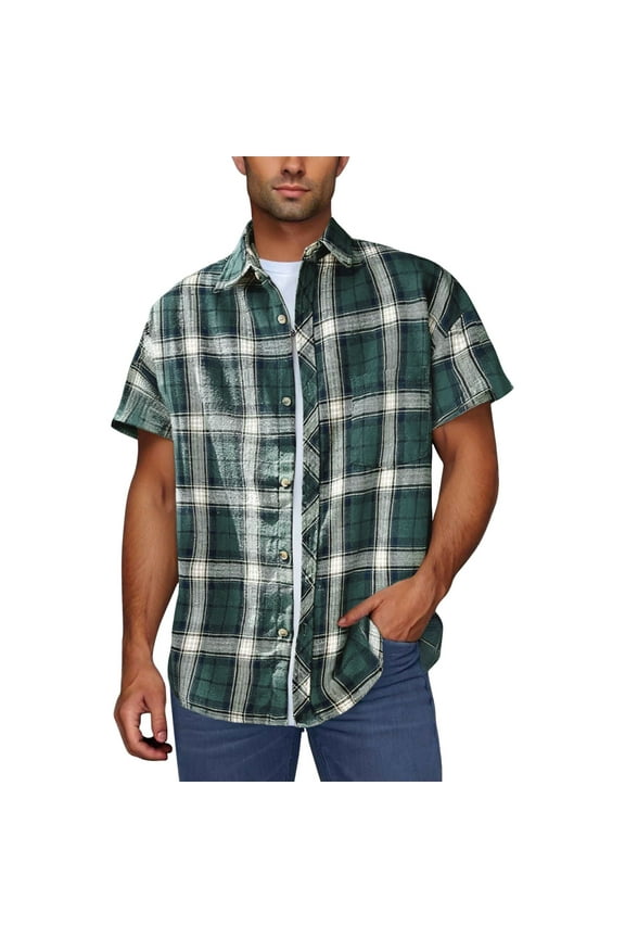 Men's Casual Check Button Down Lapel Short Sleeve Shirt Tops for Men Business Casual Office Work Travel Modern Fashion Essential | AESTIVO,Green XL