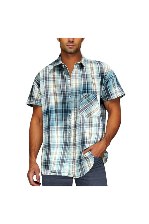 Men's Casual Check Button Down Lapel Short Sleeve Shirt Tops Business Casual Loose Fit Cotton Linen Blend Beach Vacation Golf Travel Modern Fashion Essential | AESTIVO,Light Blue L