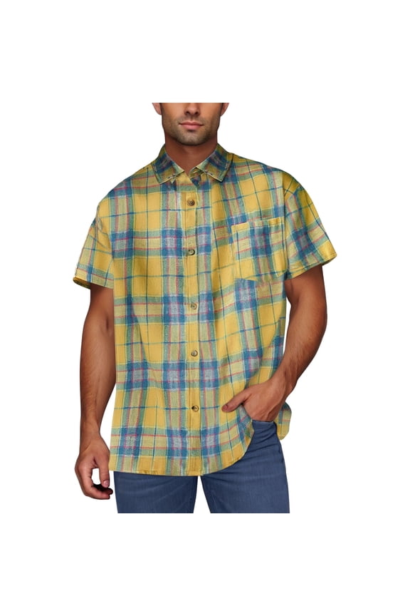 Men's Casual Check Button Down Lapel Short Sleeve Shirt Tops for Men Business Casual Work Office Travel Beach Vacation Modern Fashion Essential | AESTIVO,Yellow L