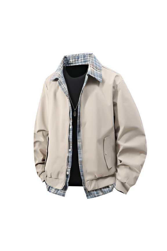 Men's Casual Checkered Lapel Fake Two-Piece Jacket, Loose Casual Zipper Jacket, Trendy and Versatile for Everyday Outfits,Khaki,M