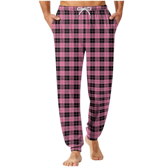 Men's Casual Checkered Loungewear Drawstring Elastic Waist Pant Cuffed Home Sleep With Pockets
