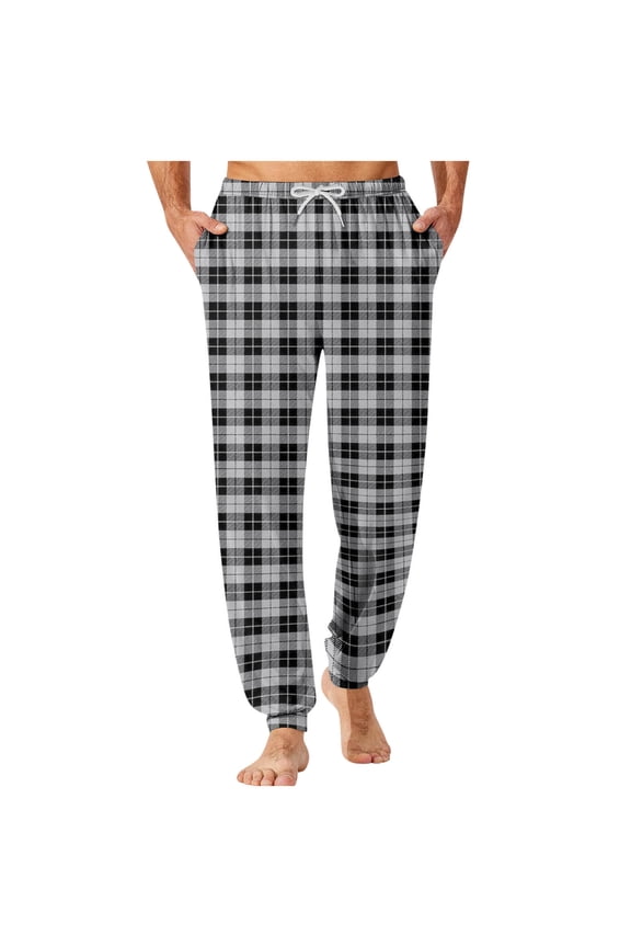 Men's Casual Checkered Loungewear Drawstring Elastic Waist Pant Cuffed Home Sleep With Pockets