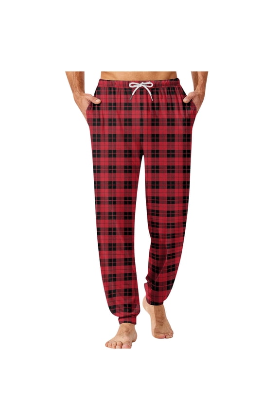 Men's Casual Checkered Loungewear Drawstring Elastic Waist Pant Cuffed Home Sleep With Pockets
