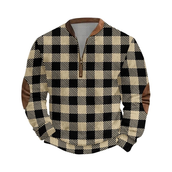 Men's Casual Checkered Print Semi-Zipper Retro Long Sleeve Sports Sweatshirt - Vintage Style with Check Design for Athletic and Casual Use,Army Green,L