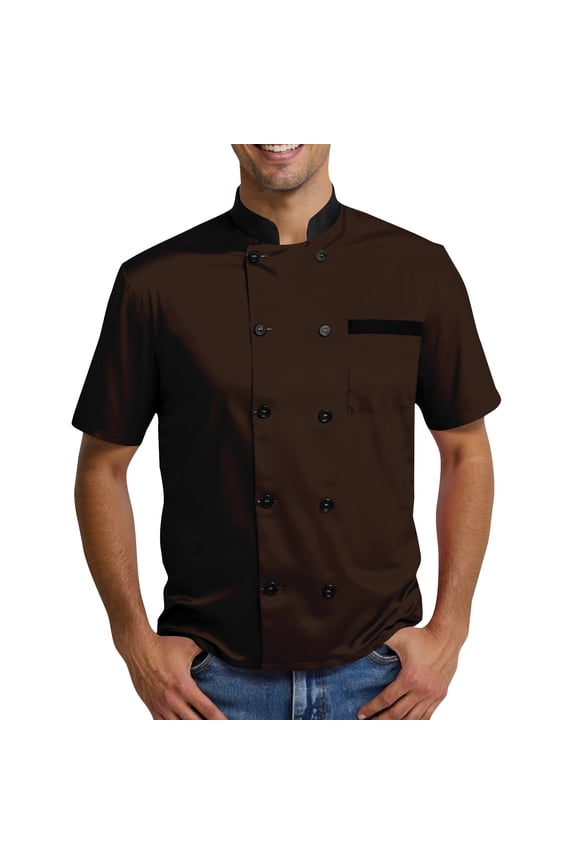 Men's Casual Chef Suit, Solid Color Short Sleeve Professional Kitchen Uniform for Restaurant Hotel Chefs Comfortable Stylish Wear,Brown L