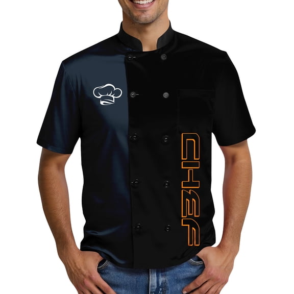 Men's Casual Chef Uniform, CHEF Print Short Sleeve Trendy Kitchen Work Jacket for Professional Chefs Restaurant Hotel Bakery,Navy L