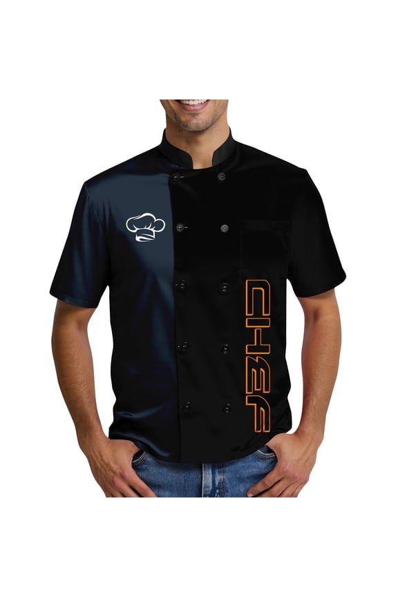 Men's Casual Chef Uniform, CHEF Print Short Sleeve Trendy Kitchen Work Jacket for Professional Chefs Restaurant Hotel Bakery,Navy L