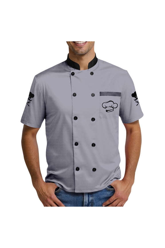 Men's Casual Chef Uniform, Chef Hat Print Short Sleeve Stylish Kitchen Jacket for Restaurant Bakery Hotel Staff Lightweight Coat,Light Gray L