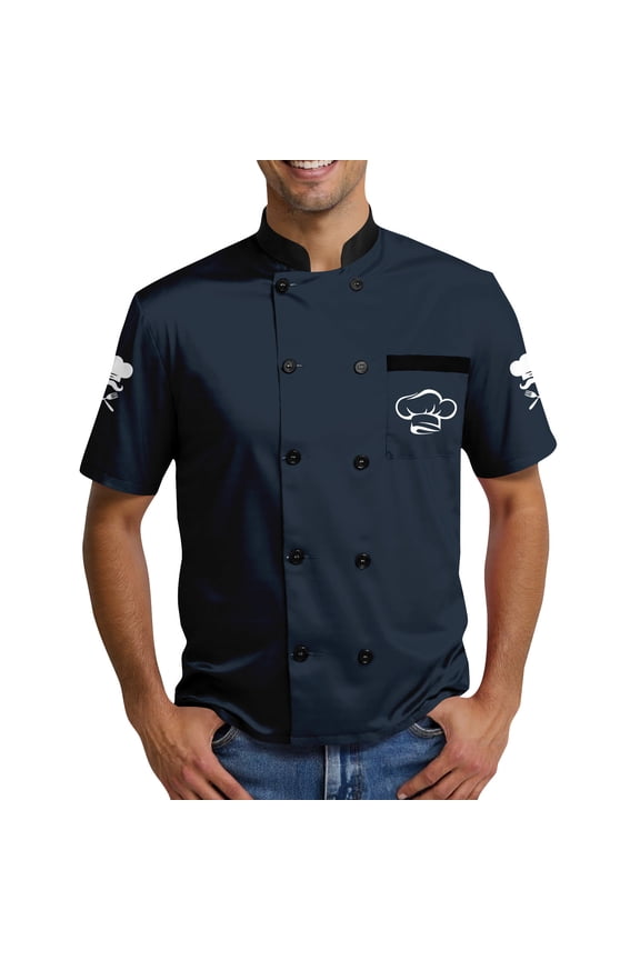 Men's Casual Chef Uniform, Chef Hat Print Short Sleeve Stylish Kitchen Jacket for Restaurant Bakery Hotel Staff Lightweight Coat,Navy L
