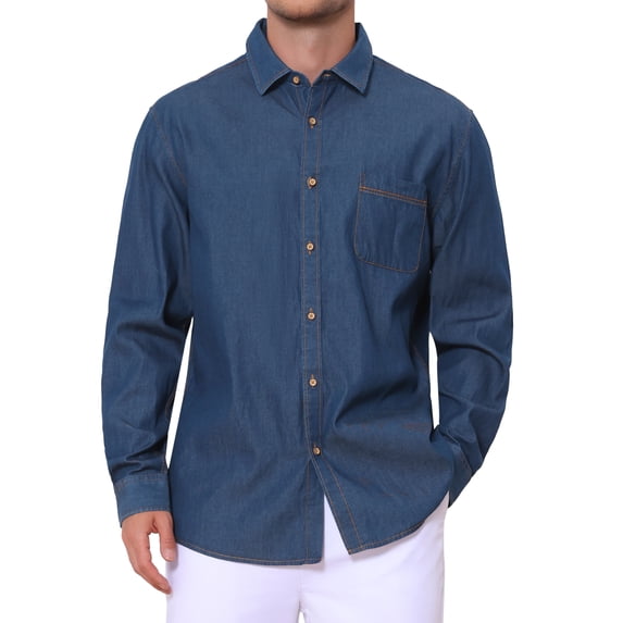 Men's Casual Chest Pocket Long Sleeve Button Down Outdoor Denim Shirt M Dark Blue