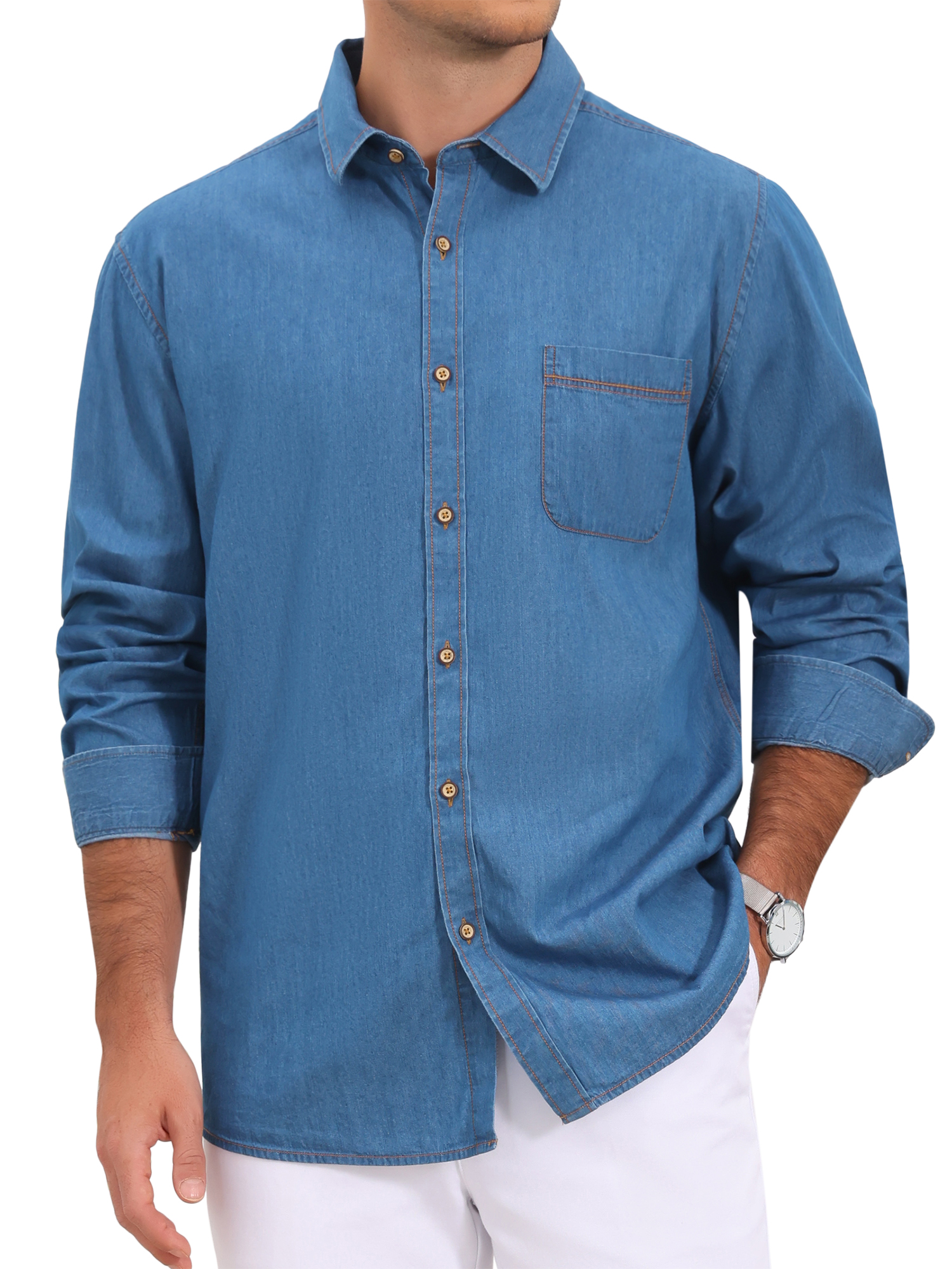INSPIRE CHIC Men's Denim Shirt Long Sleeve Solid Color Chest Pocket Button Down Top M Light Blue