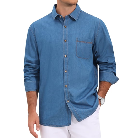 INSPIRE CHIC Men's Denim Shirt Long Sleeve Solid Color Chest Pocket Button Down Top S Light Blue