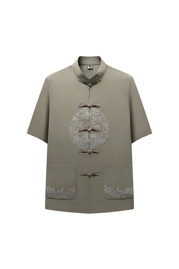 Men's Casual Chinese Style Tang Suit Linen Embroidered Short Sleeve Top Lay Buddhist Style Beige M