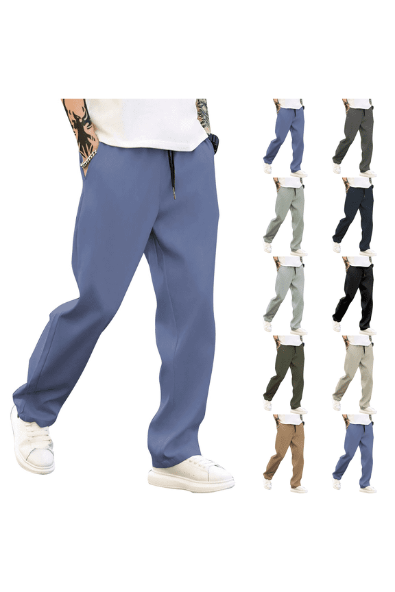 Men's Casual Chino Pants Relaxed Fit Drawstring Elastic Waist Lightweight Pant Twill Pleated Trousers Blue M
