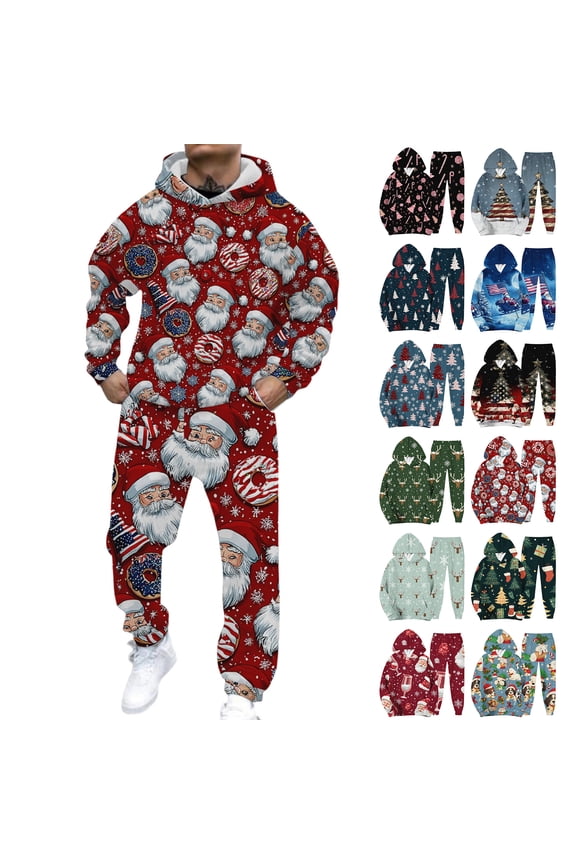Men's Casual Christmas Printed Long-sleeved Hooded Sweatshirt and Sweatpants Two-piece Set, Fleece-Lined for Holiday Gifts Winter Sports and Festive Events,Army Green,L