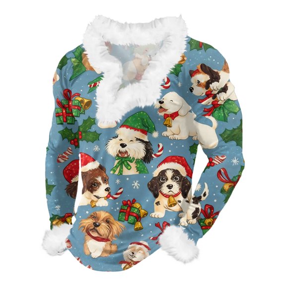 Men's Casual Christmas Printed Plush V-Neck Fleece Long Sleeve Sweatshirt, Cartoon Print Festive Wear, Soft and Warm for Men's Winter Clothing,Army Green,S