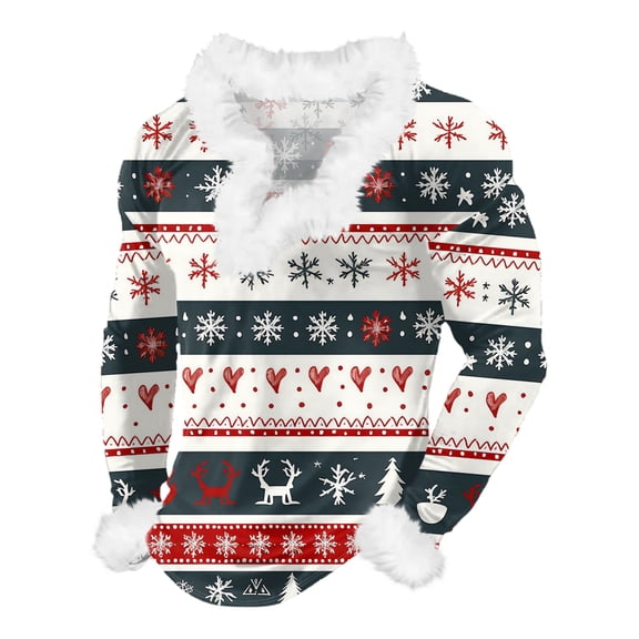 Men's Casual Christmas Printed Plush V-Neck Fleece Long Sleeve Sweatshirt, Cartoon Print Festive Wear, Soft and Warm for Men's Winter Clothing,Mint Green,2XL