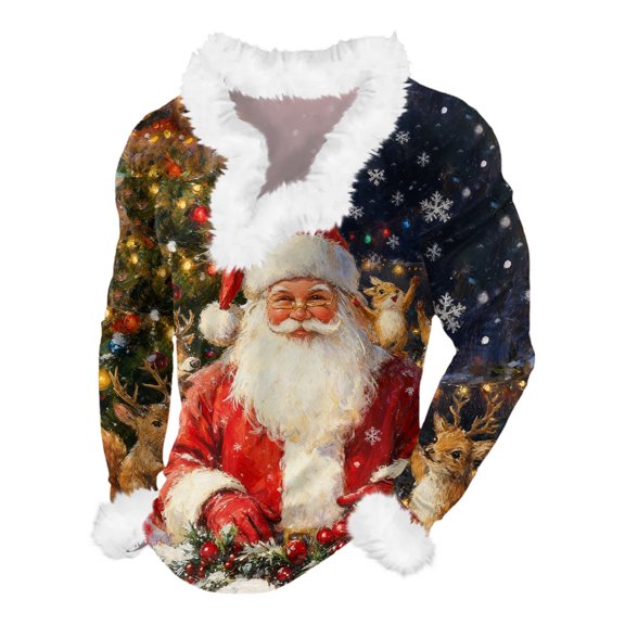 Men's Casual Christmas Printed Plush V-Neck Fleece Long Sleeve Sweatshirt, Cartoon Print Festive Wear, Soft and Warm for Men's Winter Clothing,Navy,S