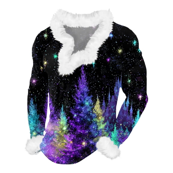 Men's Casual Christmas Printed Plush V-Neck Fleece Long Sleeve Sweatshirt, Plaid Pattern Holiday Design, Cozy and Stylish for Men's Seasonal Apparel,Black,S