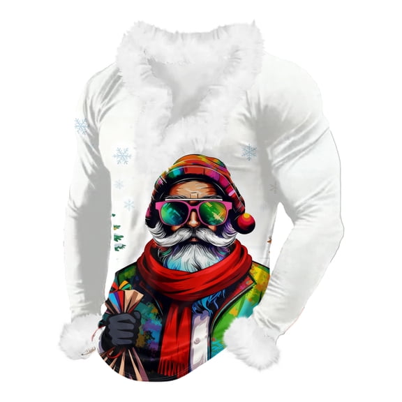 Men's Casual Christmas Printed Plush V-Neck Fleece Long Sleeve Sweatshirt, Santa Claus Design for Holiday Fashion, Warm and Comfortable for Men's Casual Outfits,White,S