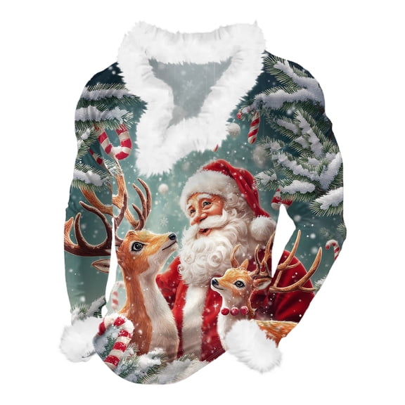 Men's Casual Christmas Printed Plush V-Neck Fleece Long Sleeve Sweatshirt, Warm and Festive Holiday Wear for Men, Soft and Cozy for Winter Seasons,Mint Green,M