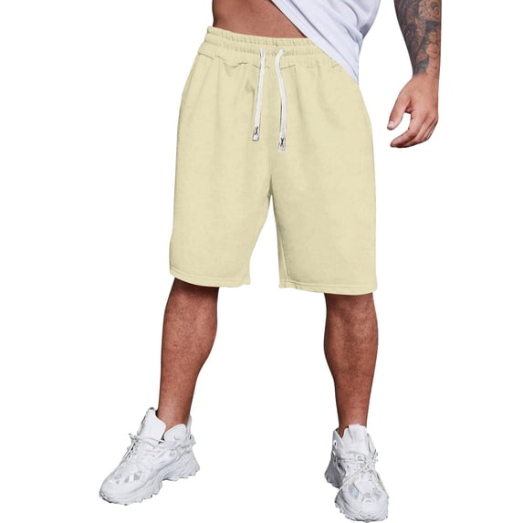 Men's Casual Classic Shorts Athletic Solid Color Sweat Shorts with Drawstring Beige XL