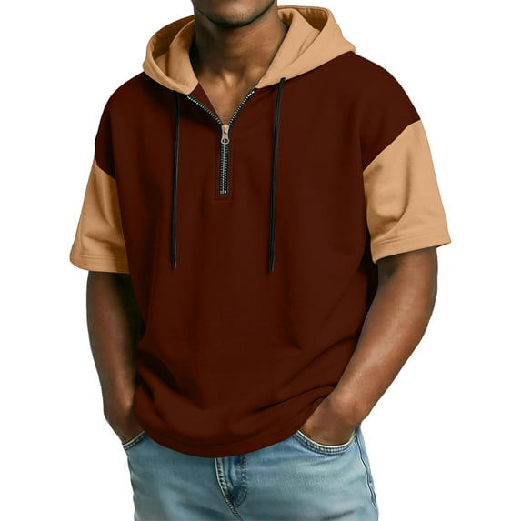 Men's Casual Color Block Hooded Zipper Neck Short Sleeve Sweatshirt, Sporty Top for Spring and Summer Outdoor,Coffee,2XL