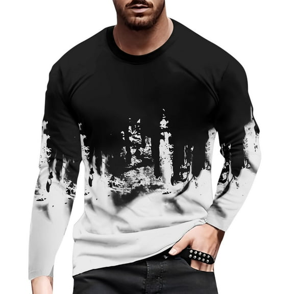 Men's Casual Color Block Long Sleeve Graphic Print Crew Neck T-Shirt Comfortable Pullover Tee Top
