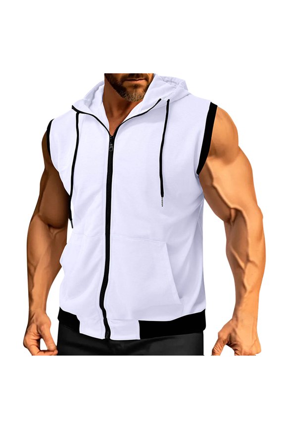 Men's Casual Color Block Muscle Hooded Sweatshirt Sleeveless Zip Up Drawstring Shirts Workout Gym Athletic Running Jacket