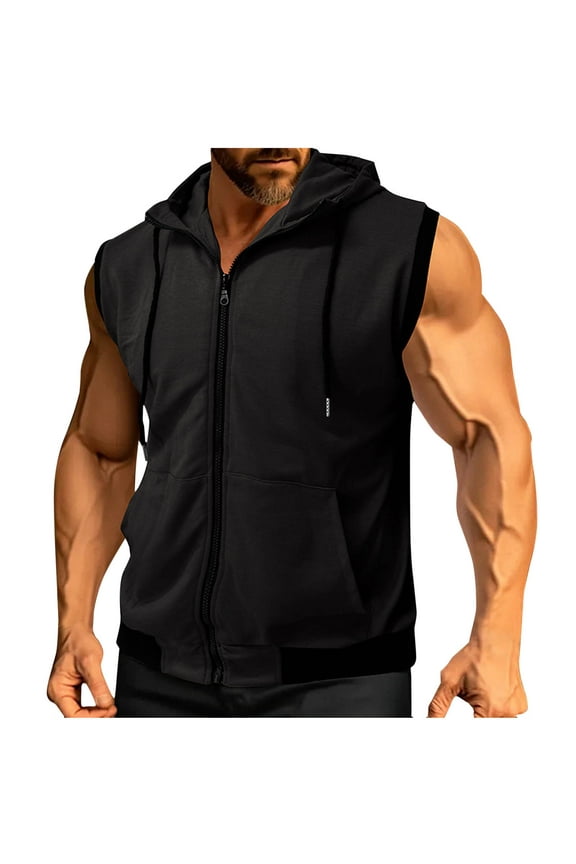 Men's Casual Color Block Muscle Hooded Sweatshirt Sleeveless Zip Up Drawstring Shirts Workout Gym Athletic Running Jacket